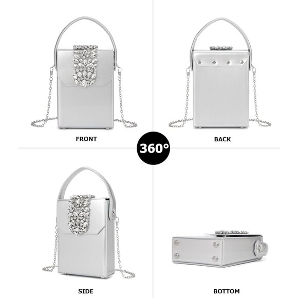⚡Women's Evening Rhinestone Box Detachable Chain Strap Silver Crystal Clutch Bag - Picture 4 of 6